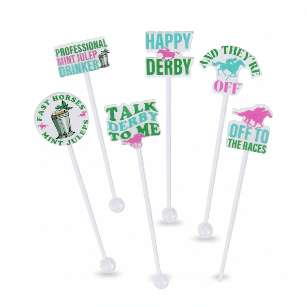 Set of 6 Derby Time Cocktail Party Stirrers with colorful, themed designs, perfect for Kentucky Derby celebrations.