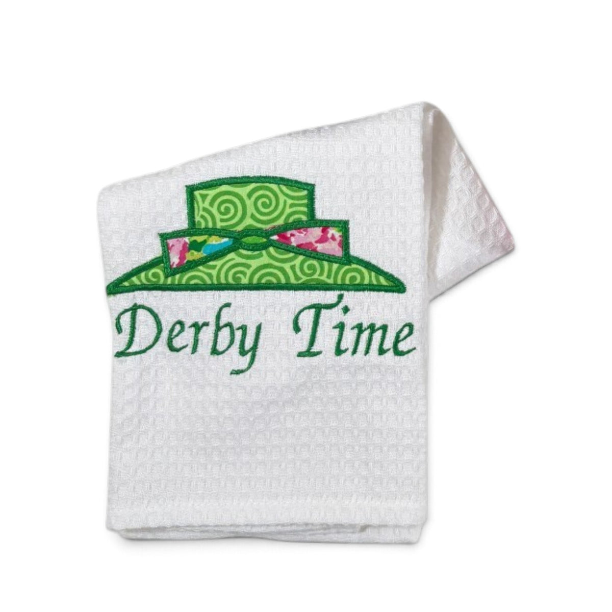 Derby Time Hat Waffle Weave Tea Towel — Green | Kentucky Derby Kitchen Towel with Embroidered Appliqué Hat