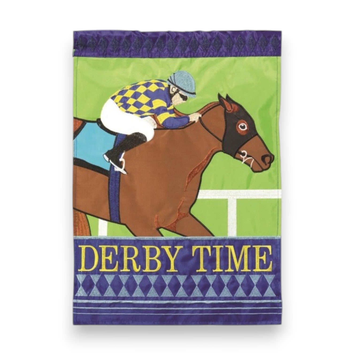 A vibrant green garden flag featuring an embroidered brown racehorse and a jockey in blue and yellow checkered silks, with a dark blue bottom banner reading "DERBY TIME".