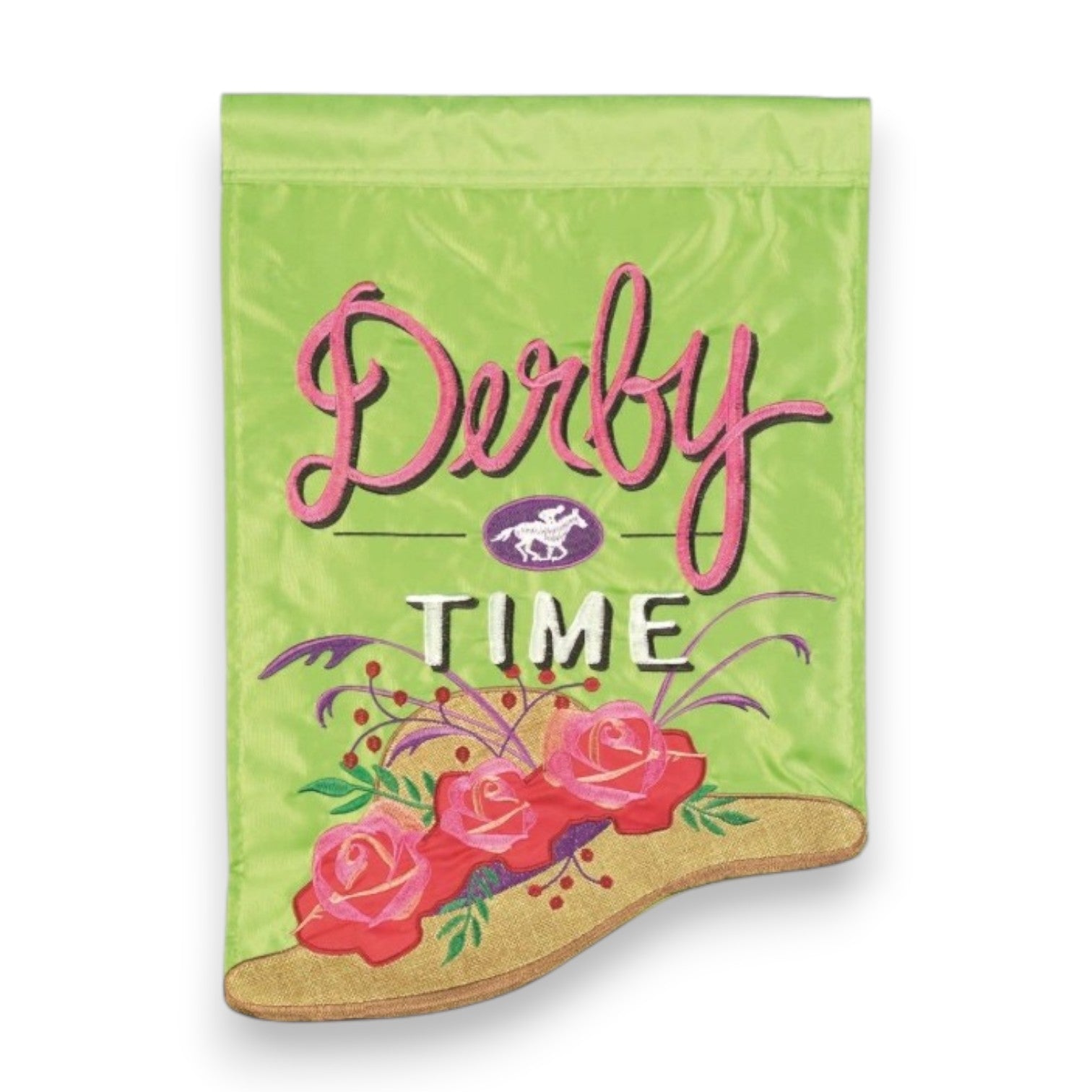 A lime green garden flag featuring pink embroidered Derby Time text and a gold wide-brimmed hat decorated with three red roses and green leaves.