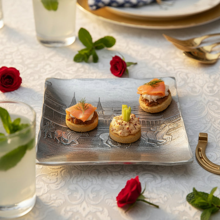 The square aluminum tray used to serve small canapes at a Kentucky Derby party, set on a decorated table.