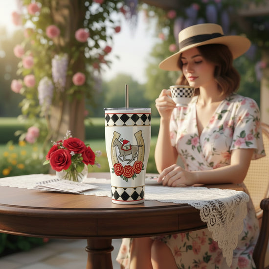 A woman in a festive hat sips from the 30 oz. stainless steel Derby tumbler at an outdoor party table set with roses.