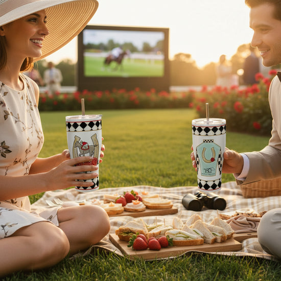 A couple enjoys a picnic, holding their 152nd Kentucky Derby tumblers while watching the race.