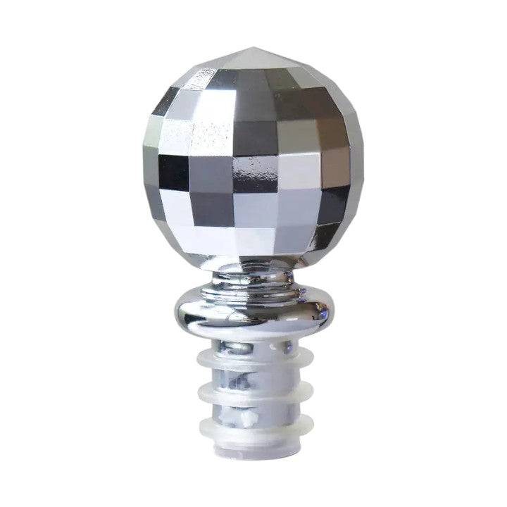 Front view of the disco mirror ball bottle stopper with a polished chrome finish.
