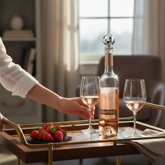 The disco ball bottle stopper styled on a bar cart next to glassware and spirits.