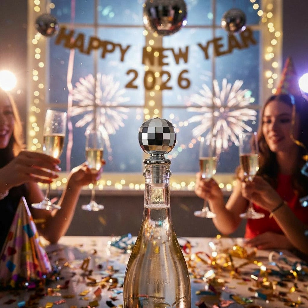 Bottle of champagne with disco mirror ball bottle stopper and people celebrating New Year's Eve with fireworks in the background.