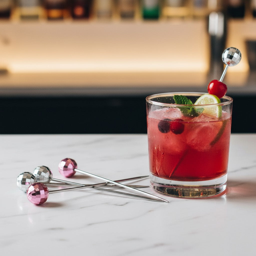A single silver disco ball cocktail pick in a rocks glass with a grarnish.