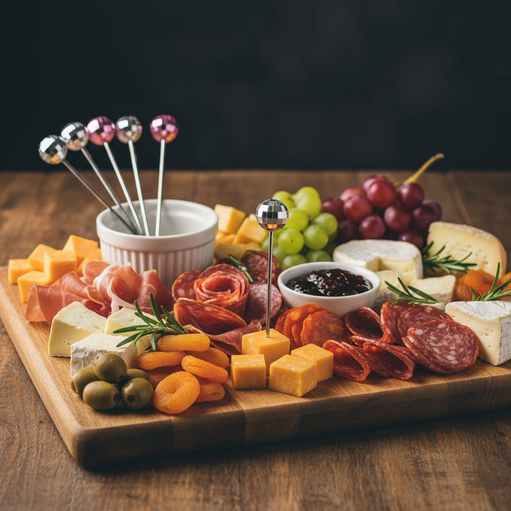 Disco ball cocktail picks used to serve cheese cubes on a charcuterie board.