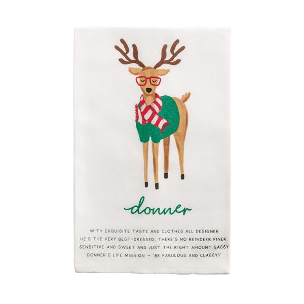 reindeer poem tea towel with a cartoon reindeer wearing glasses and a scarf, with the name 'donner' printed on it.