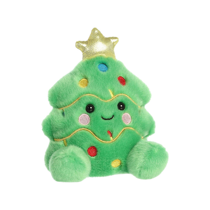 A front view of the adorable 5-inch Douglas the Christmas Tree plush toy with a smiling face.