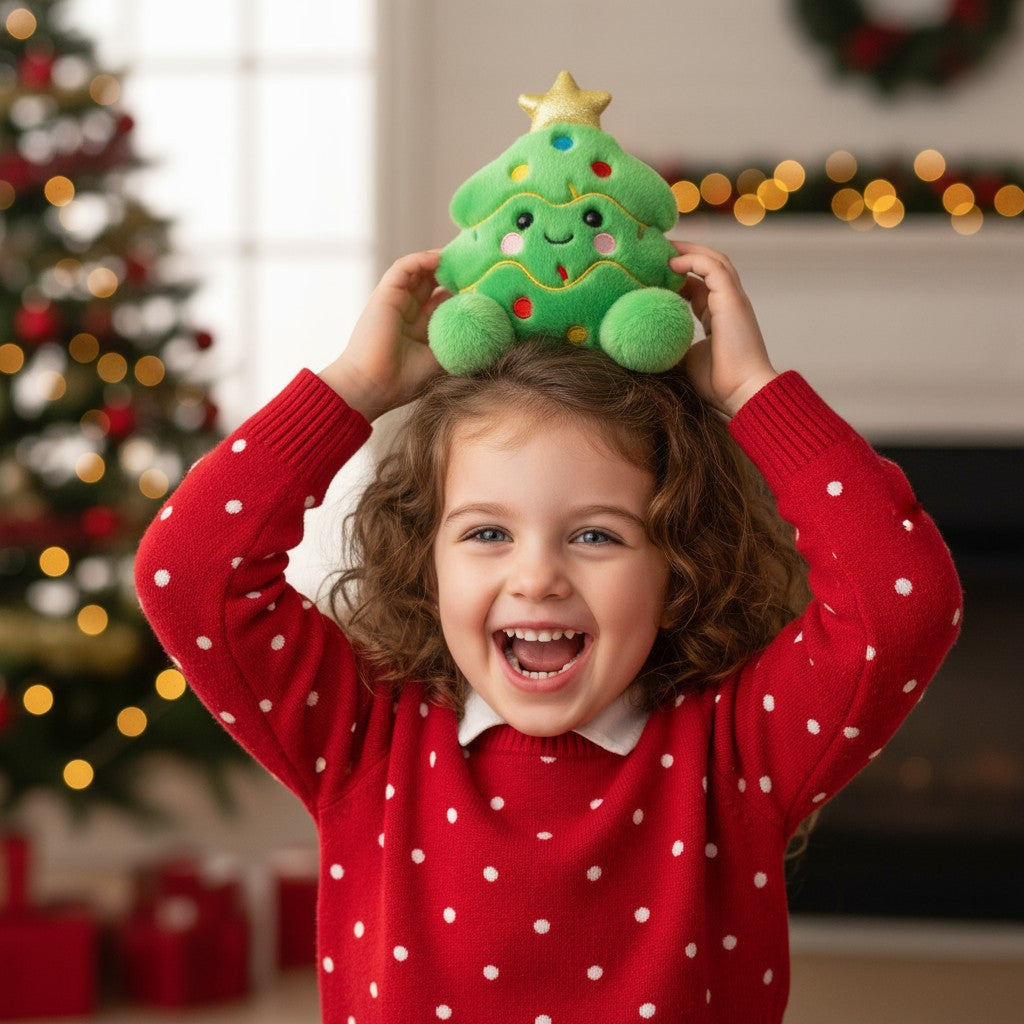 Child wearing a red sweater with white polka dots, holding a green plush Christmas tree toy.