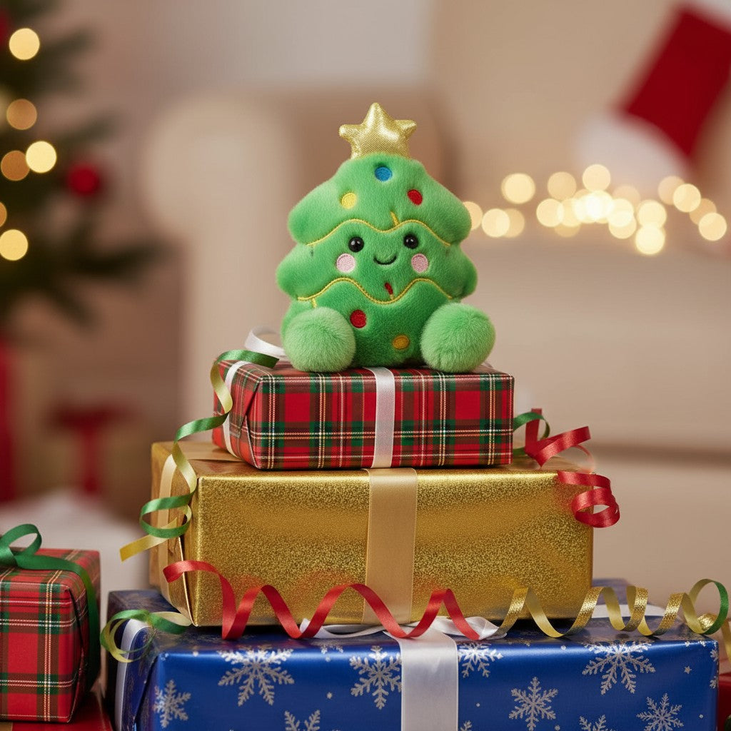A lifestyle photo of the small Douglas the Christmas Tree plush sitting on a stack of presents.