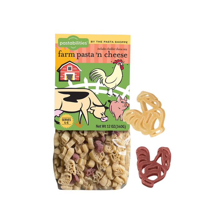 Packaged farm-themed pasta with animal illustrations on the label
