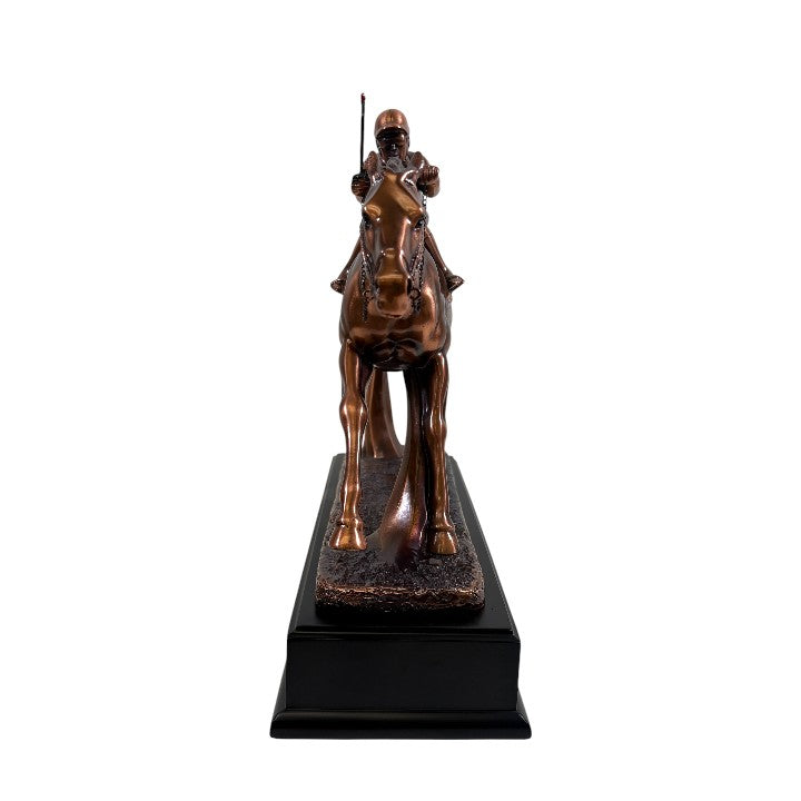 copper plated statue of a horse and rider on a white background