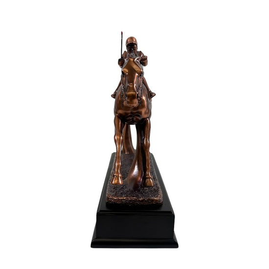 copper plated statue of a horse and rider on a white background