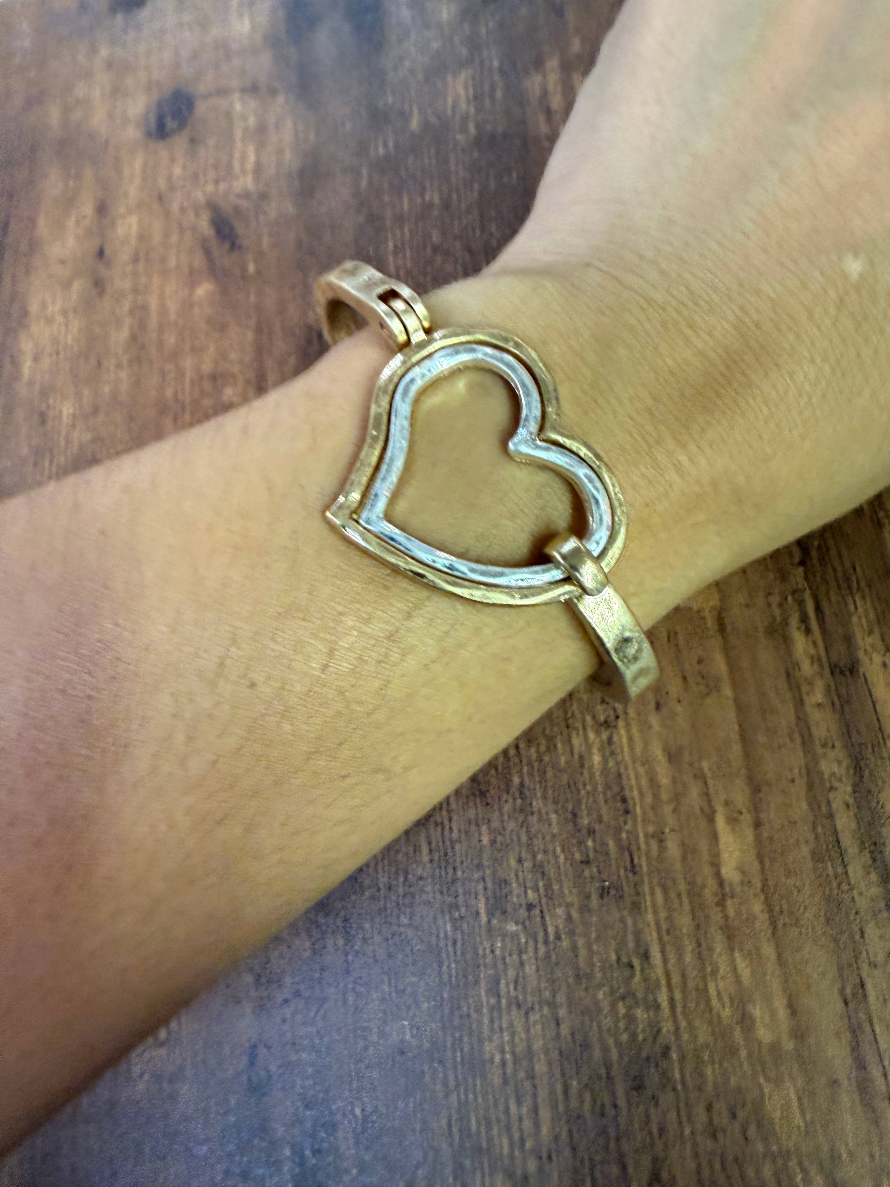 Mixed Metal Heart Cuff Bracelet -Silver/Gold
