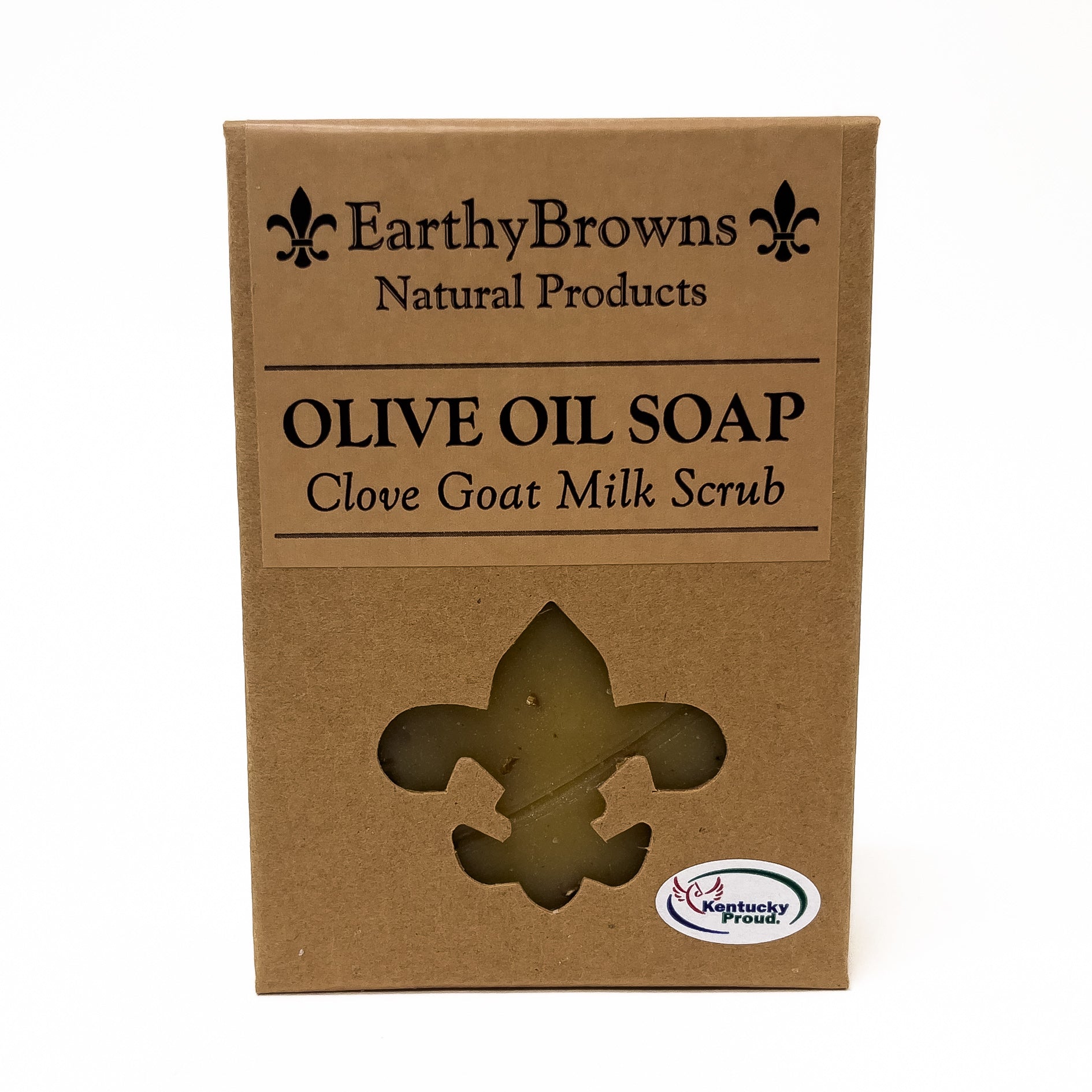 Earthy Browns Natural Products olive oil soap packaging with a clove goat milk scrub on a white background.