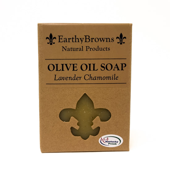 Earthy Browns Natural Products olive oil soap packaging with lavender chamomile scent on a white background