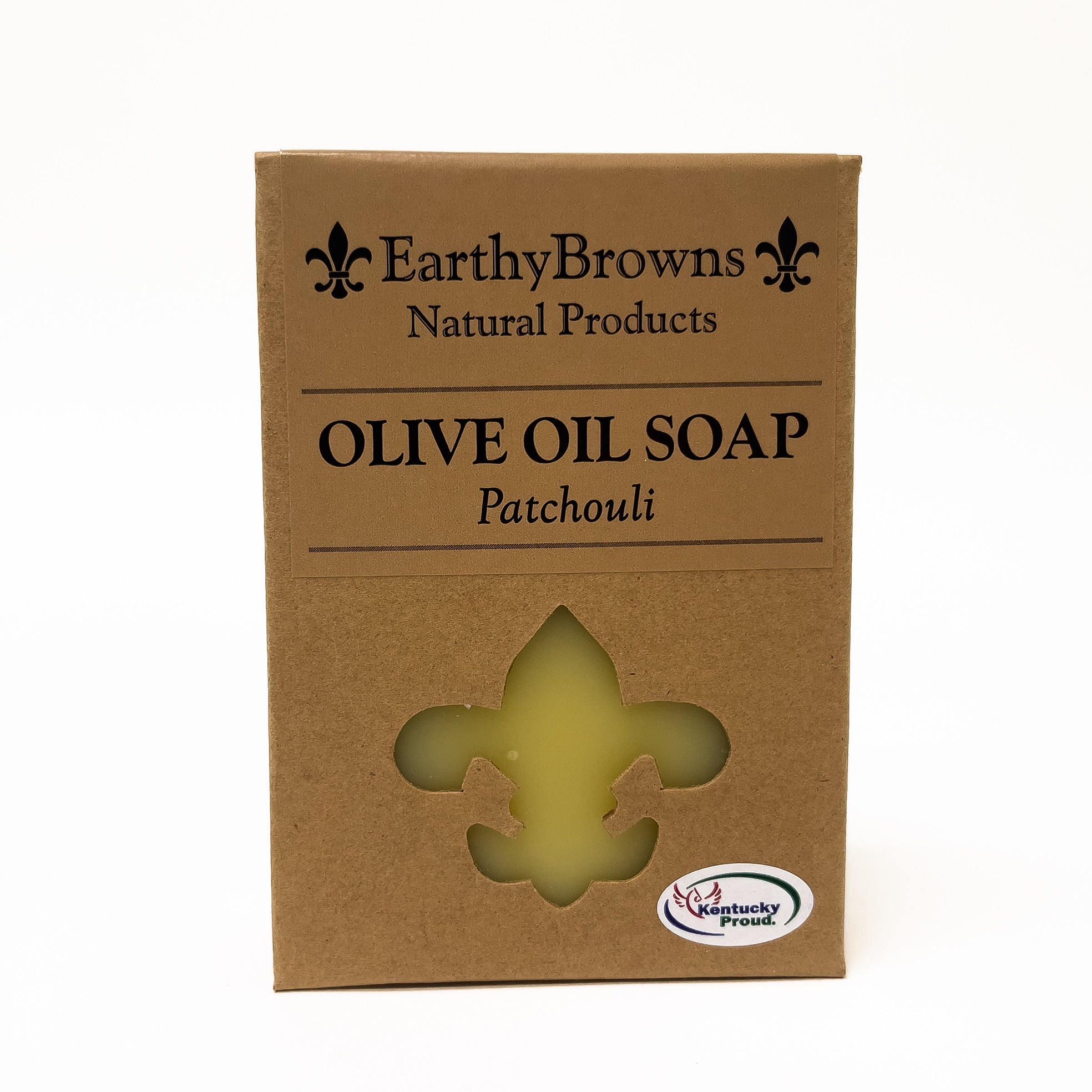 Olive oil soap packaging with 'Earthy Browns' branding on a white background