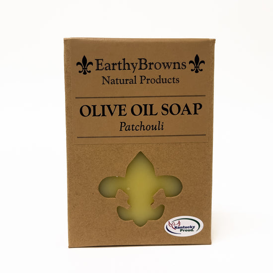 Olive oil soap packaging with 'Earthy Browns' branding on a white background