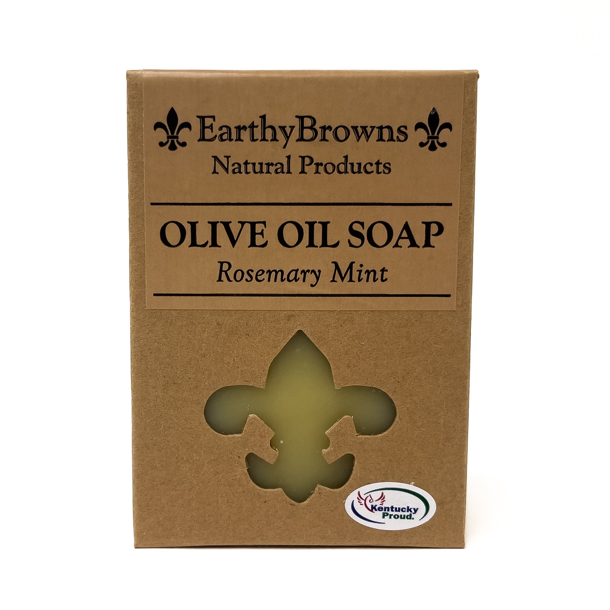 Olive oil soap packaging with 'Earthy Browns Natural Products' branding on a white background