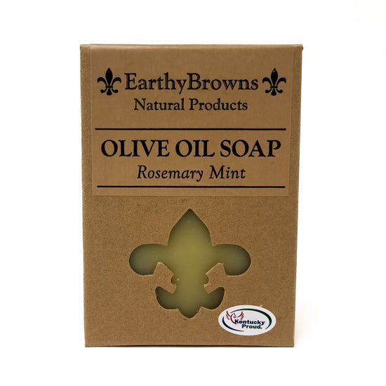 Olive oil soap packaging with 'Earthy Browns Natural Products' branding on a white background