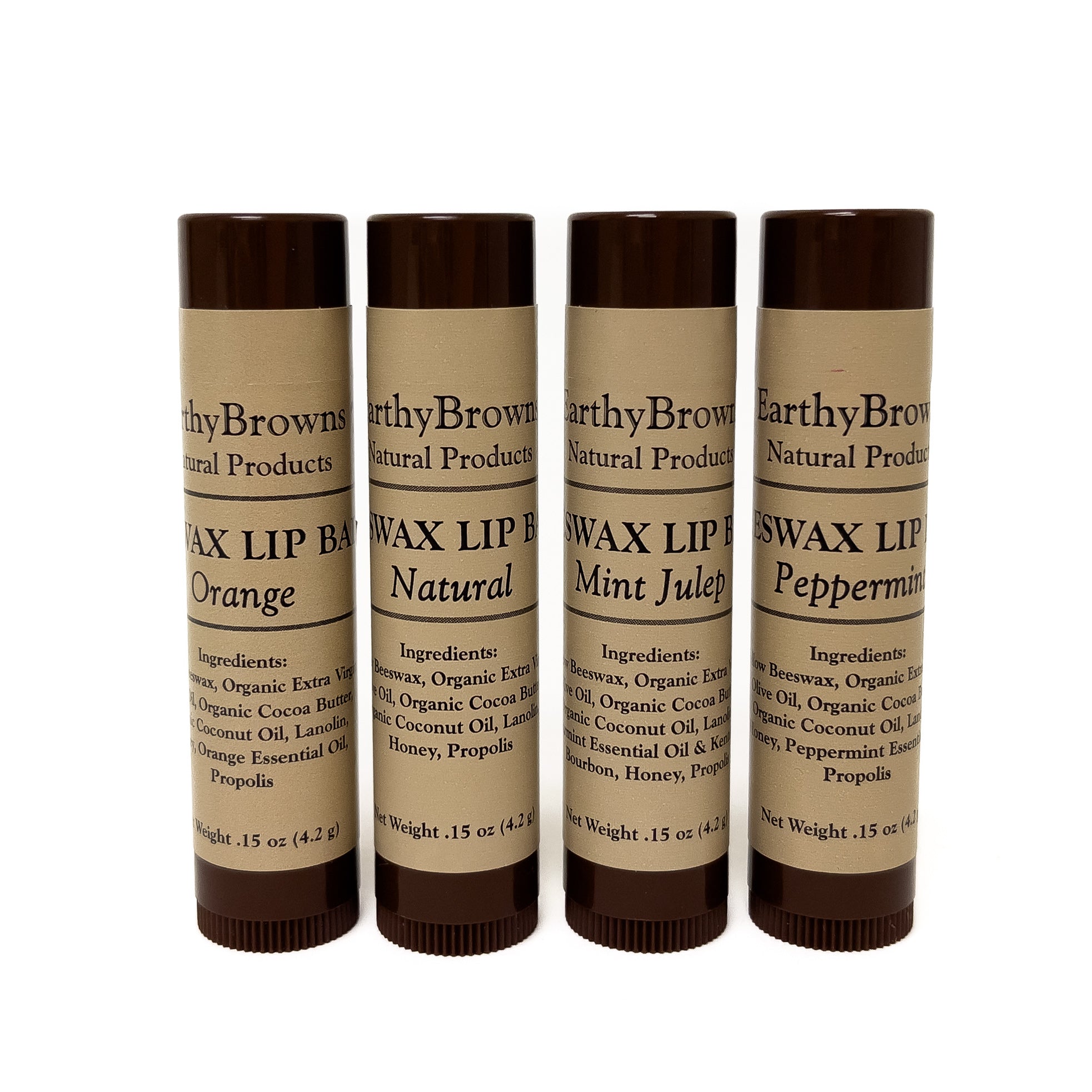 Four Earthy Brown Wax Lip Balms on a white background