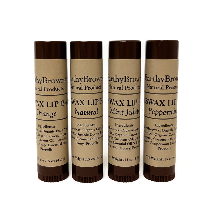 Four Earthy Brown Wax Lip Balms on a white background