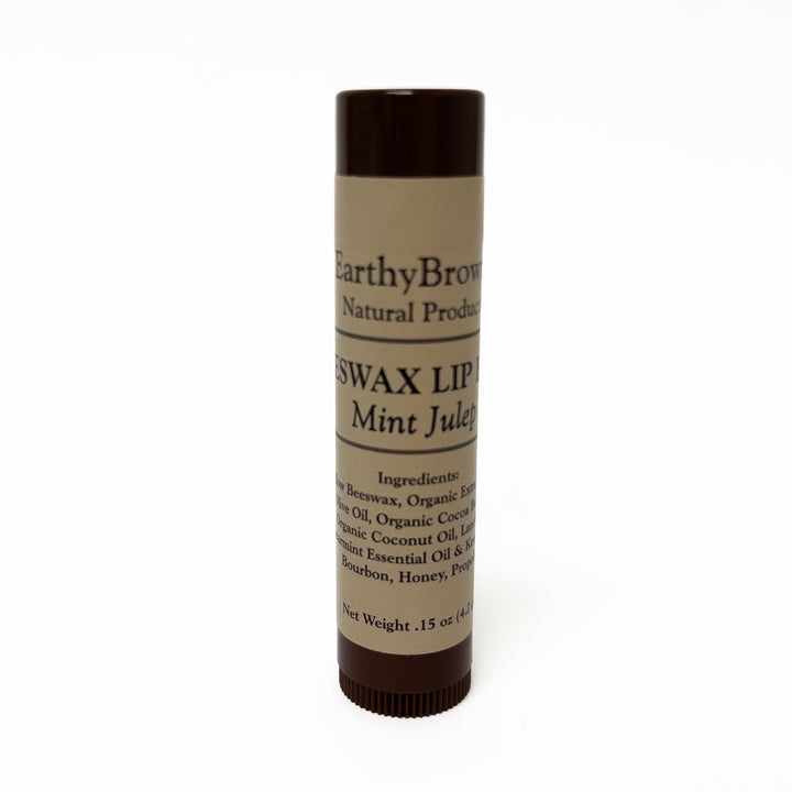 Lip balm stick with 'Earthy Brown' branding on a white background