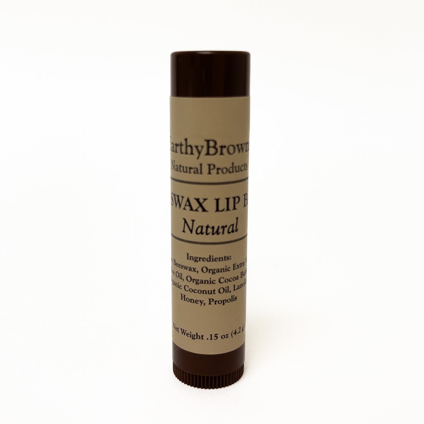 Wax lip balm tube labeled 'Earthy Brown Natural Products' on a white background
