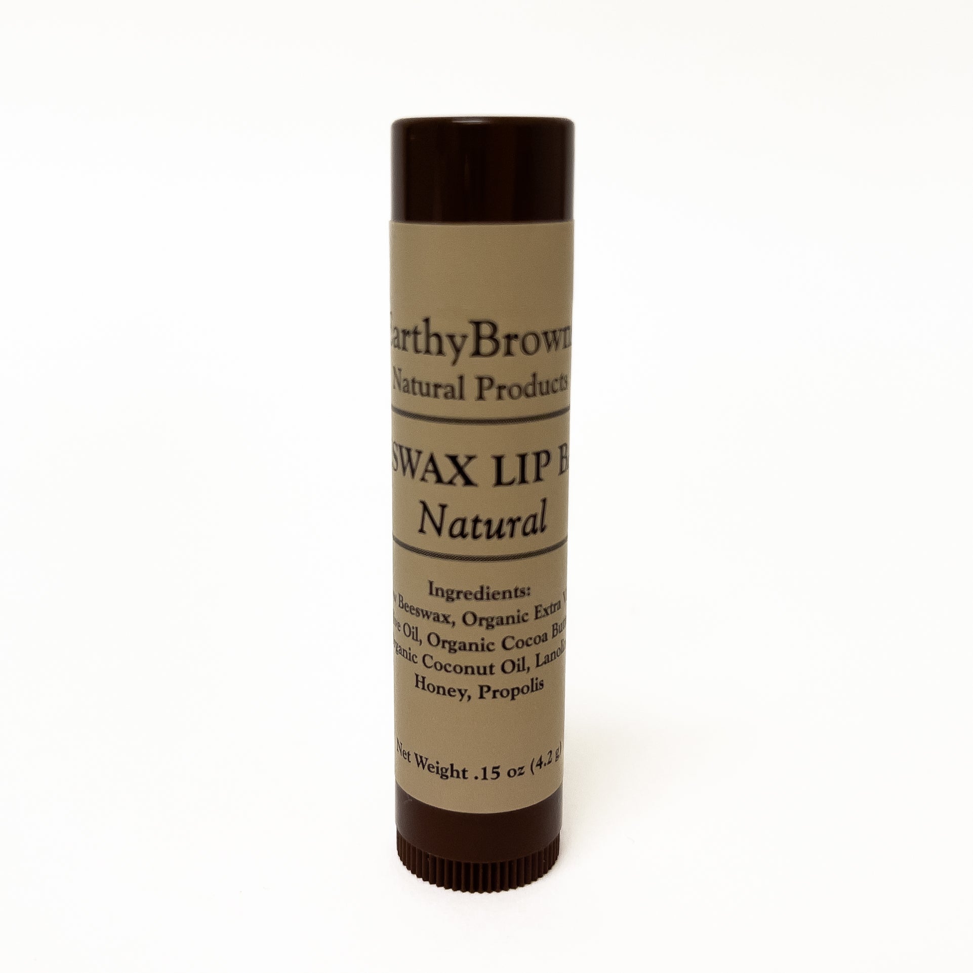 Wax lip balm tube labeled 'Earthy Brown Natural Products' on a white background
