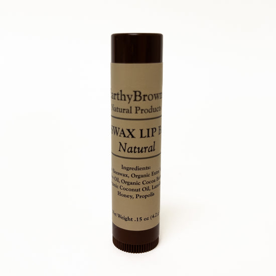 Wax lip balm tube labeled 'Earthy Brown Natural Products' on a white background
