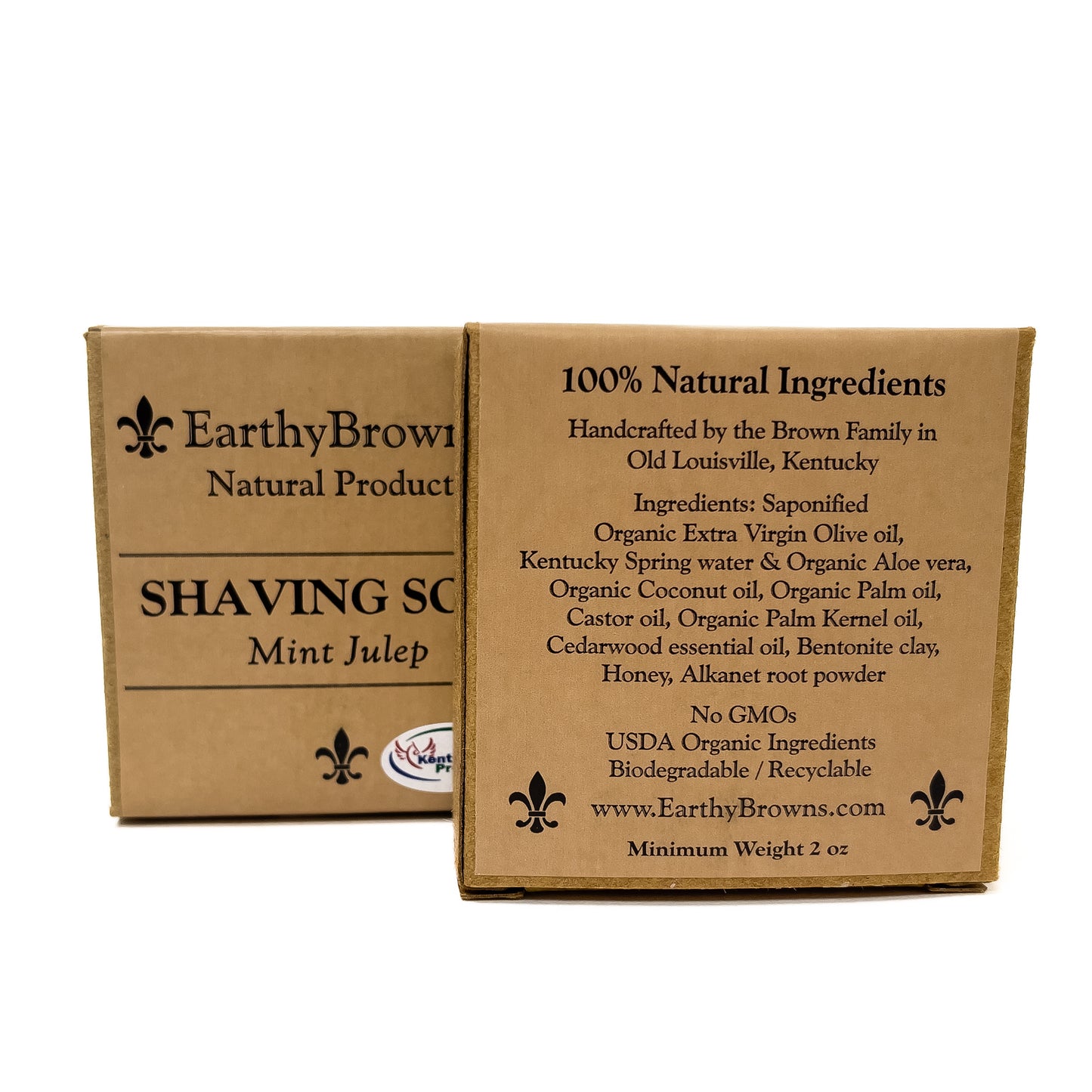 Earthy Brown natural shaving soap packaging with ingredients list on a white background
