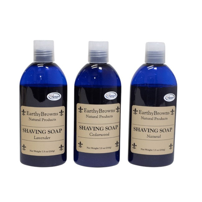 Three bottles of Earthy Browns Shaving Soap on a white background