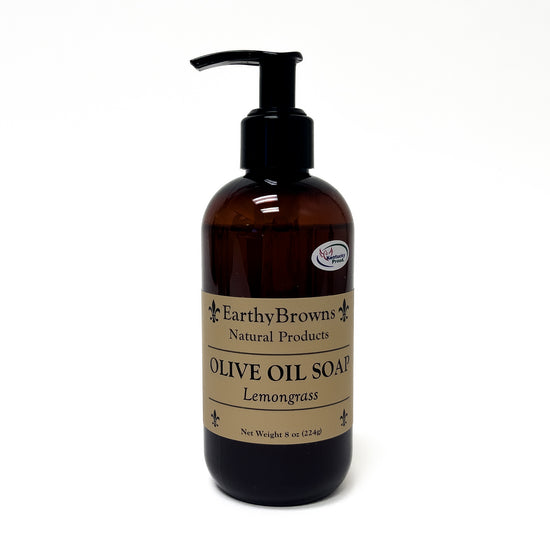 Brown bottle of olive oil soap with pump and 'Earthy Browns' label on a white background