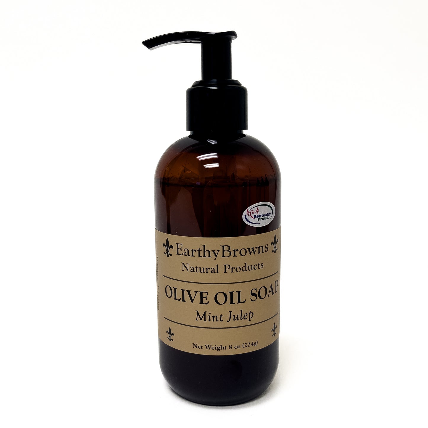Brown bottle of Earthy Browns Olive Oil Soap with pump on a white background