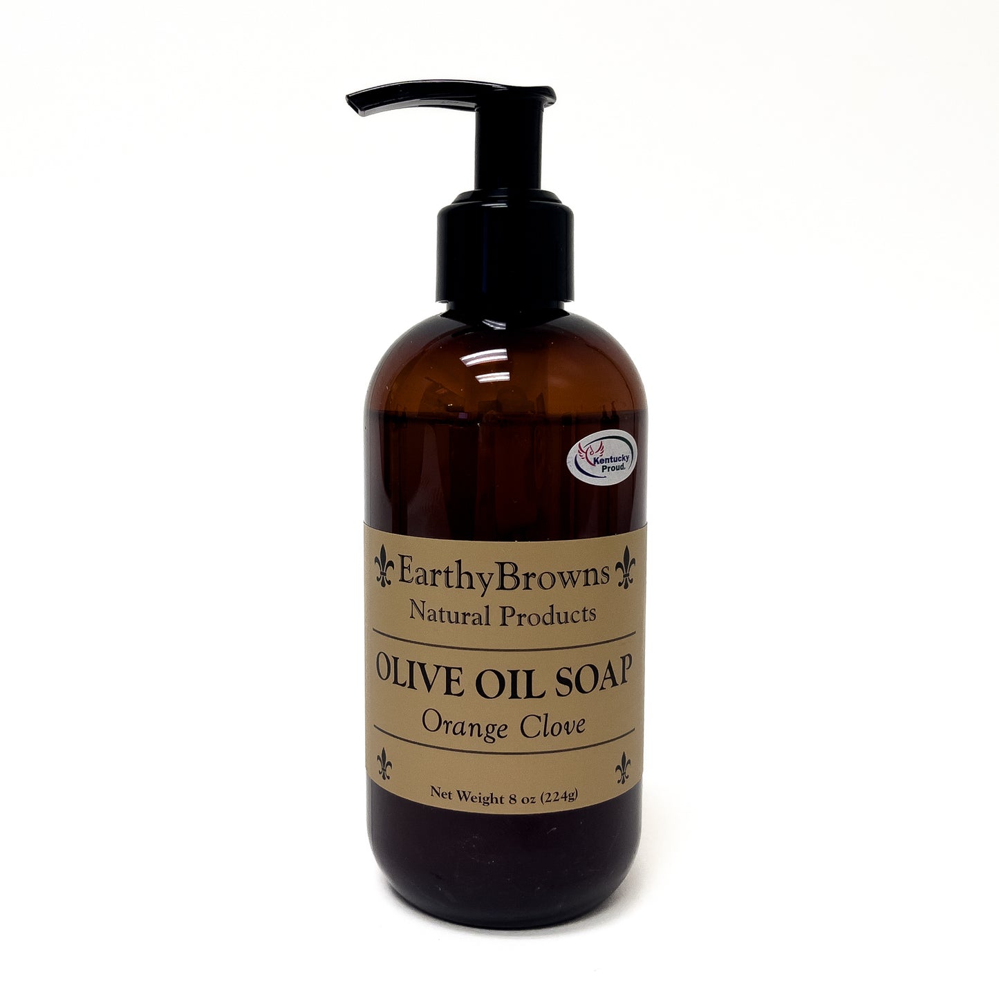 Brown bottle of Earthy Browns Olive Oil Soap with pump on a white background