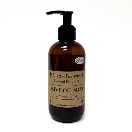 Brown bottle of Earthy Browns Olive Oil Soap with pump on a white background