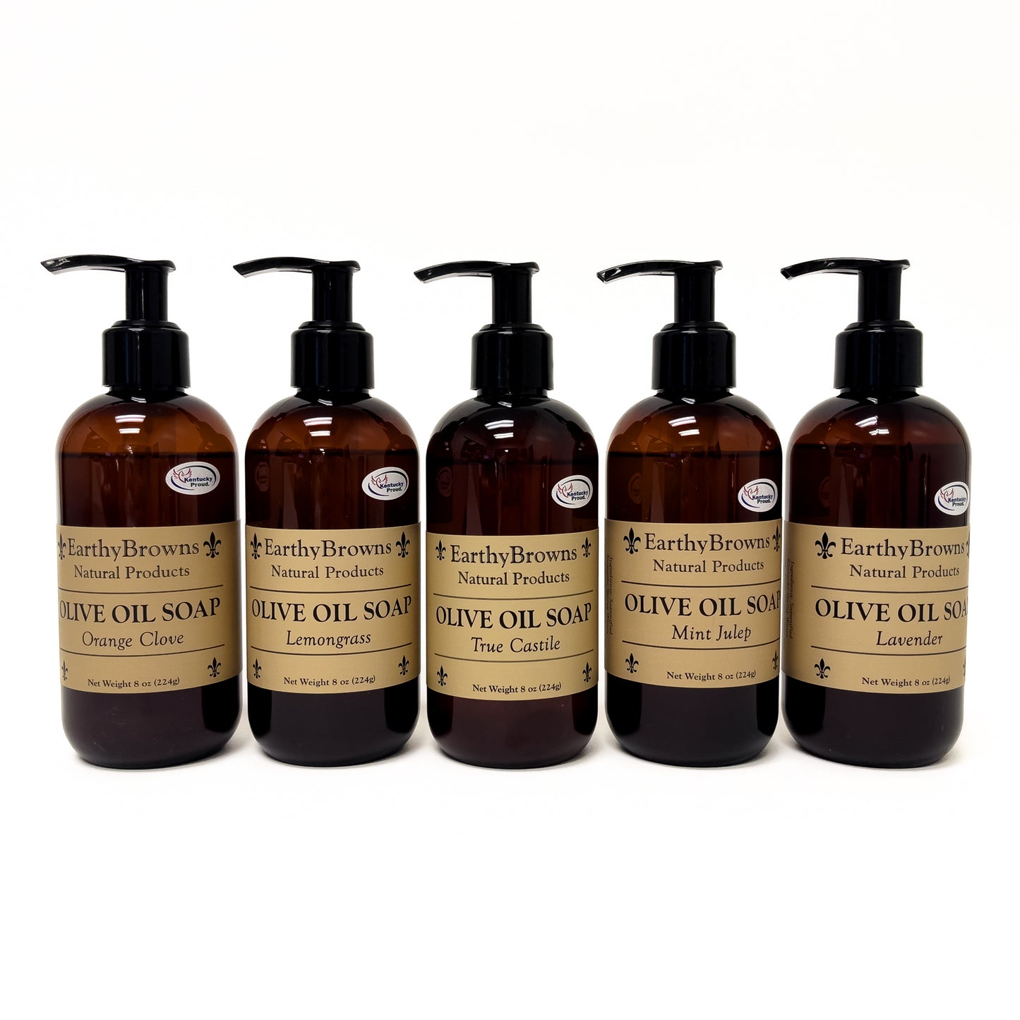 Set of five Earthy Browns Olive Oil Soap bottles with labels on a white background