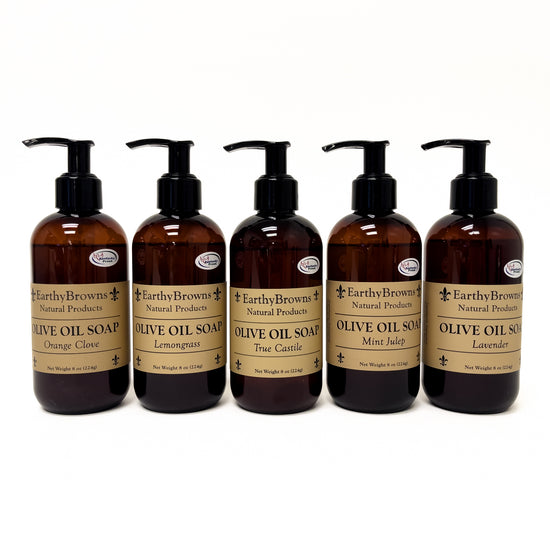 Set of five Earthy Browns Olive Oil Soap bottles with labels on a white background