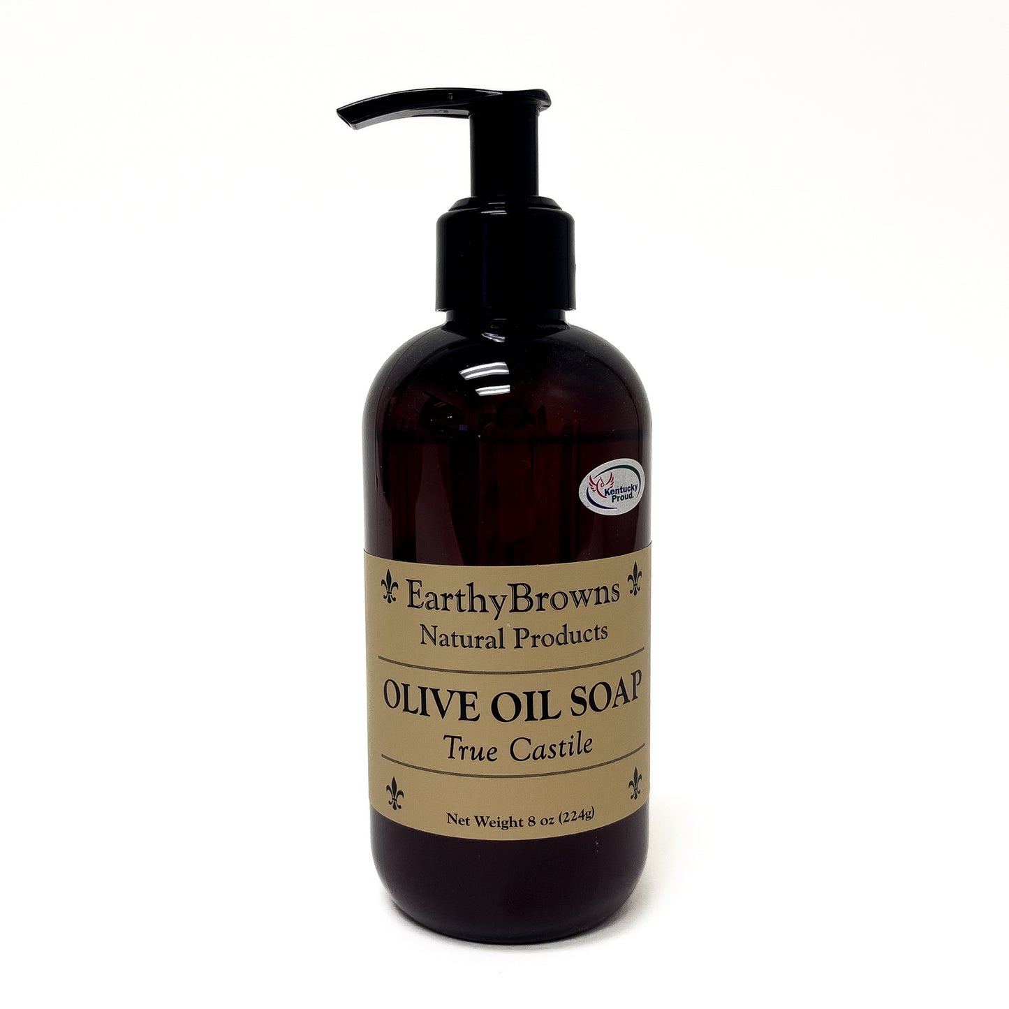 Brown soap bottle with pump labeled 'Earthy Browns Natural Products' on a white background
