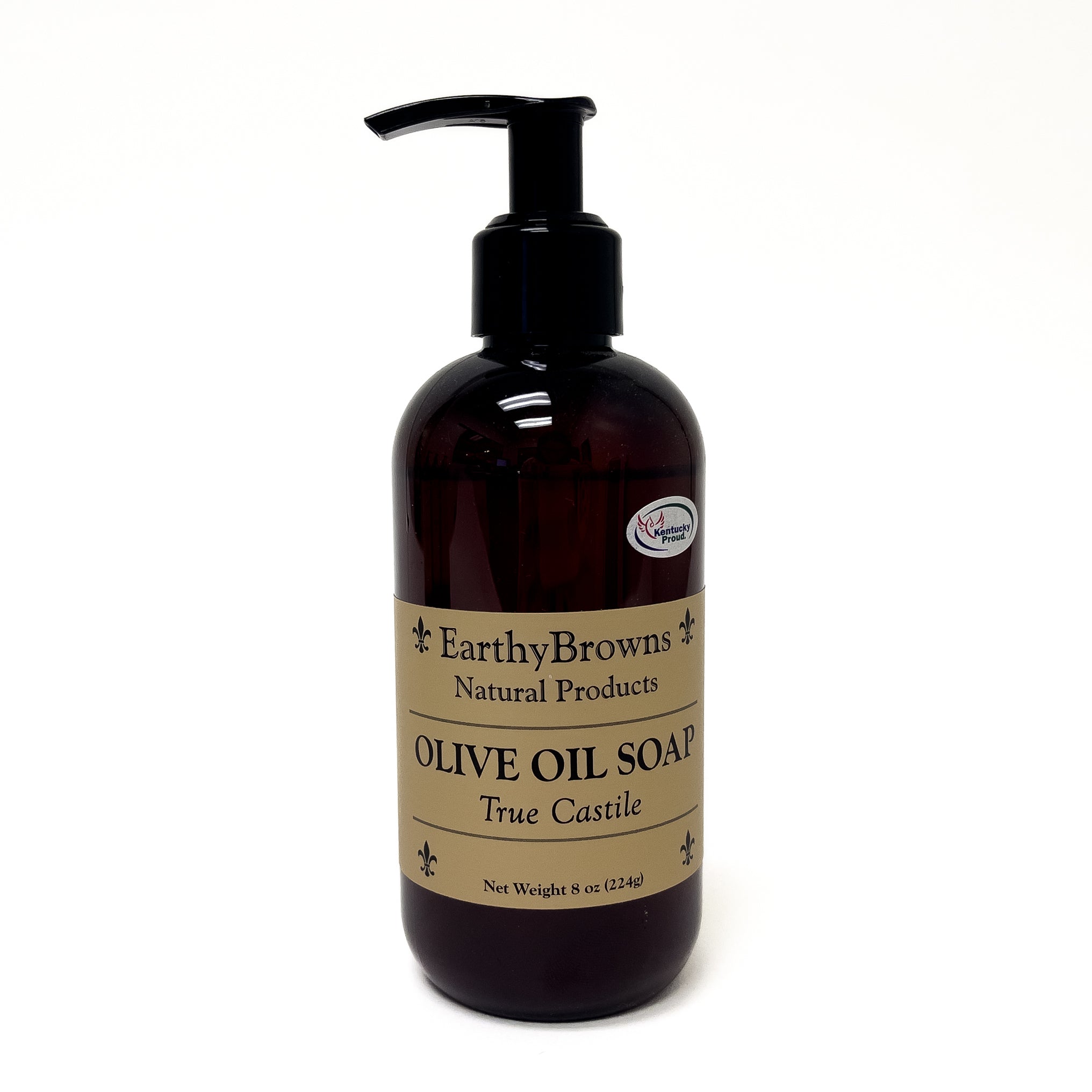 Brown soap bottle with pump labeled 'Earthy Browns Natural Products' on a white background