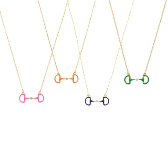 A group shot of the Eclipse Enamel Horsebit Necklace showcasing all four available colors: Navy, Orange, Green, and Pink.