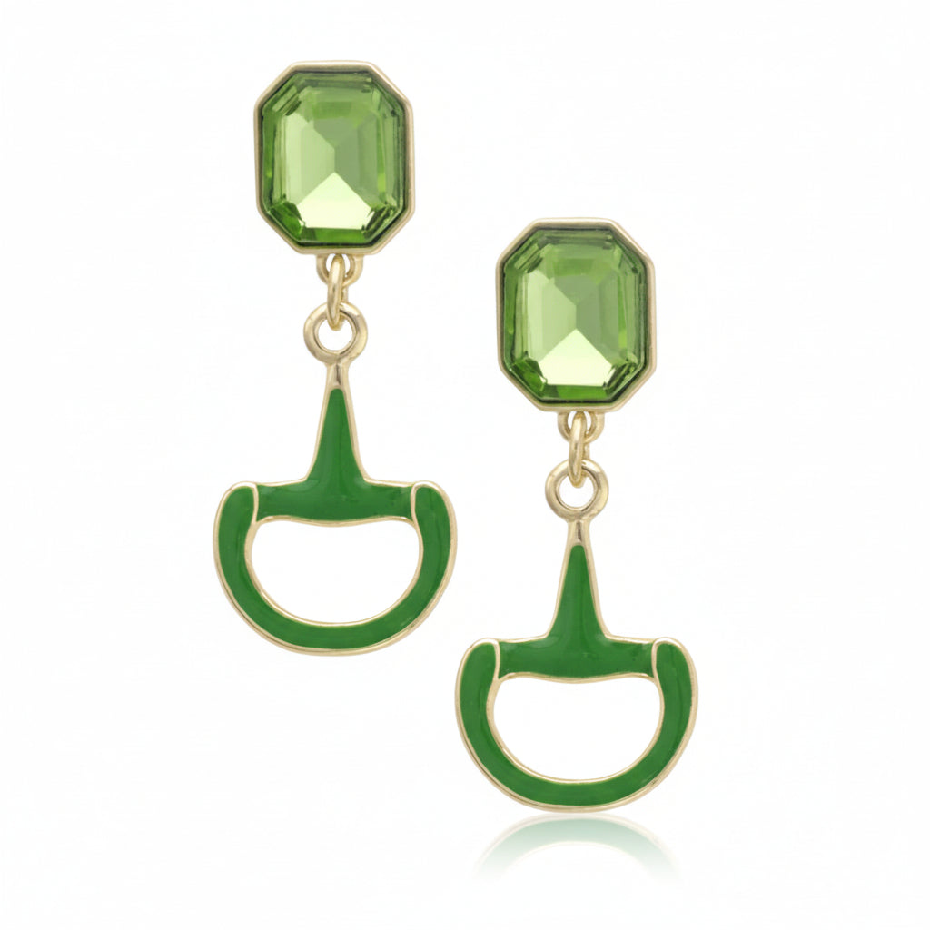 Close-up of the green Eclipse Horsebit Earring, highlighting the sparkling rhinestone details and gold-tone finish.