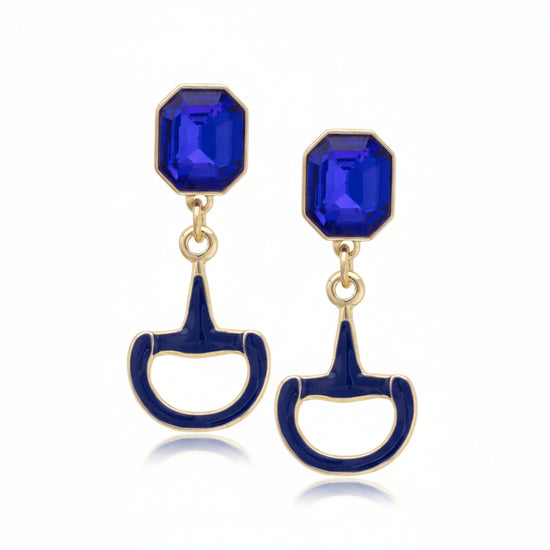Close-up of the blue Eclipse Horsebit Earring, highlighting the sparkling rhinestone details and gold-tone finish.