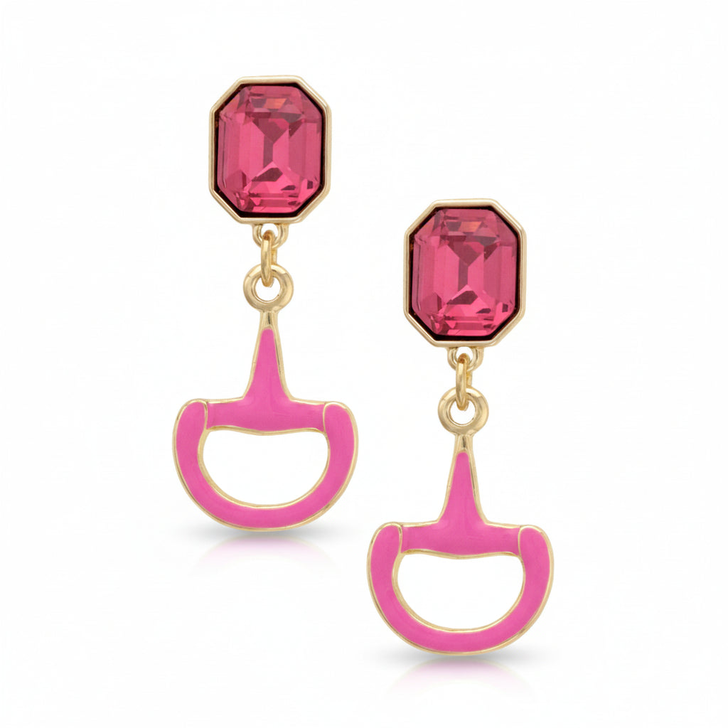Close-up of the Pink Eclipse Horsebit Earring, highlighting the sparkling rhinestone details and gold-tone finish.