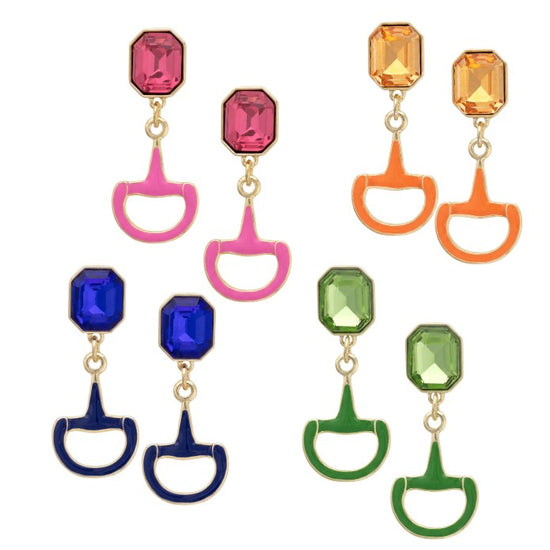  A collection of Eclipse Rhinestone Enamel Horsebit Earrings showing all four available colors: Orange, Green, Pink, and Navy.