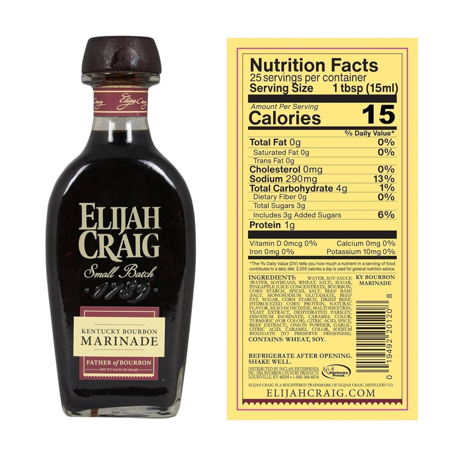Bottle of Elijah Craig Kentucky Bourbon Marinade with nutrition label on a white background