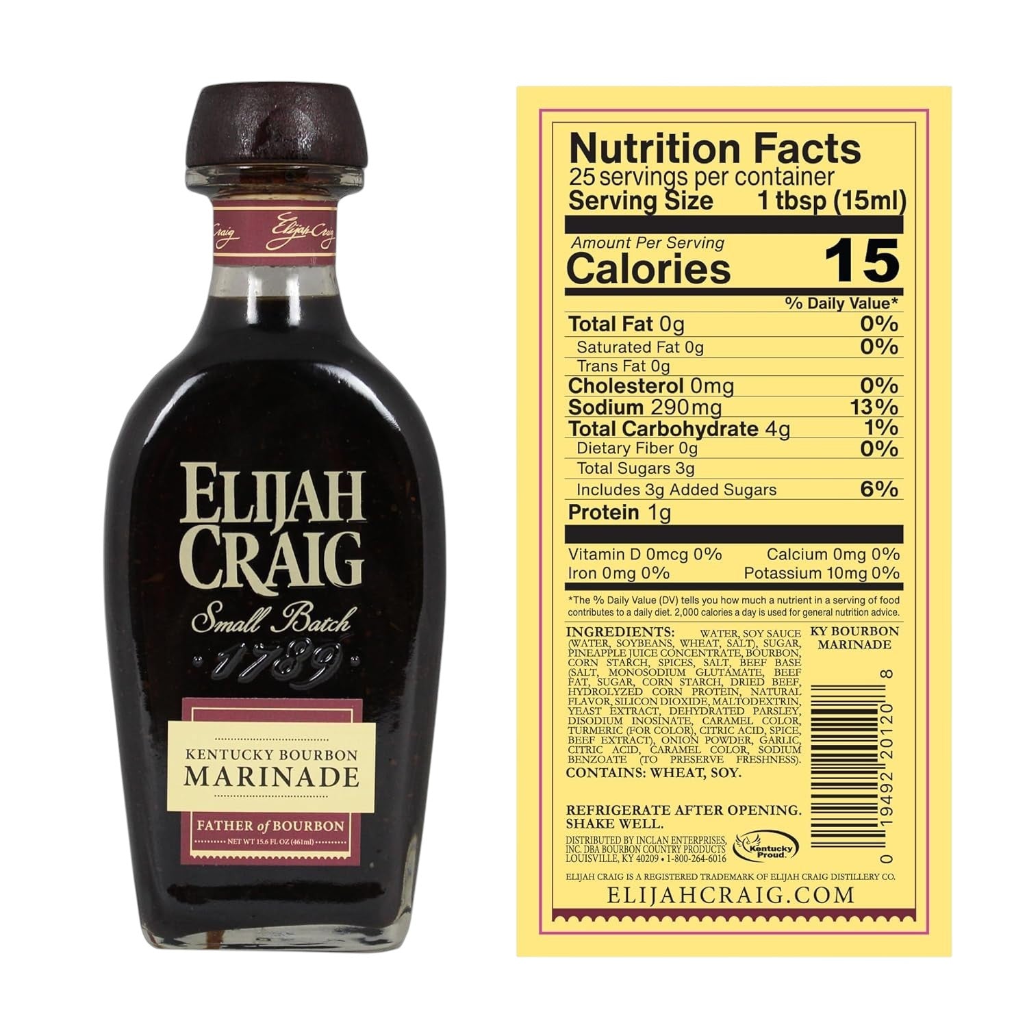 Bottle of Elijah Craig Kentucky Bourbon Marinade with nutrition label on a white background