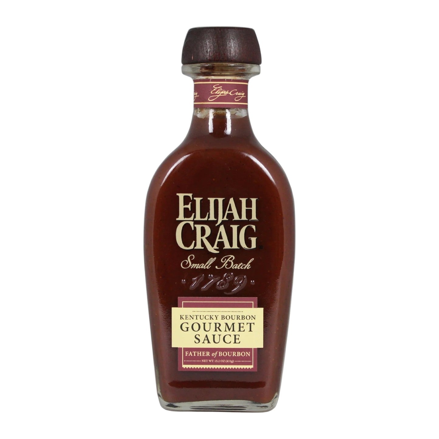 Bottle of Elijah Craig Kentucky Bourbon Gourmet Sauce on a white background